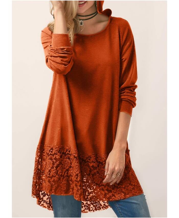 Hooded Collar Lace Panel Orange Blouse